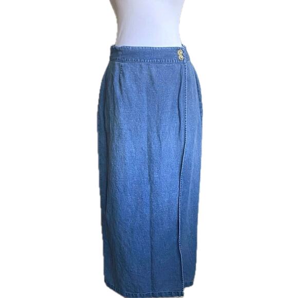 VTG CHEROKEE Denim Linen Button Wrap Maxi Skirt Size 8 90s Country Western Boho - Picture 1 of 11
